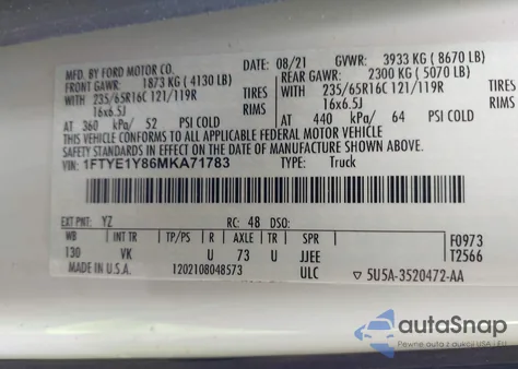 2021 Ford Transit-150 из США, поврежденный, VIN 1FTYE1Y86MKA71783